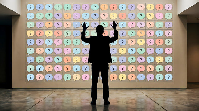 Person standing in front of a colorful alphabet wall with hands raised