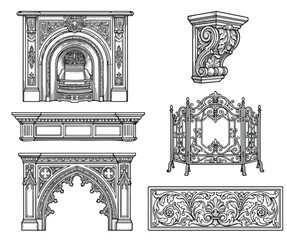 Ornate Architectural Elements Vector Set: Gothic Arch, Fireplace, Corbel, Fence, and Decorative Panel, Black and White Line Art for Interior Design and Restoration © Sidra