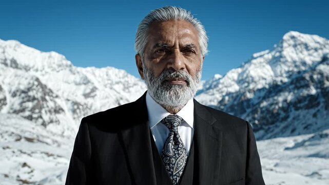 Elderly Man in Suit Standing Confidently Against Snow-Capped Himalayan Mountains