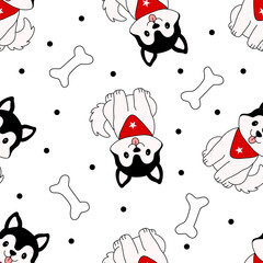 Adorable seamless pattern featuring cute husky dogs wearing red bandanas with scattered bones and polka dots. © windmill