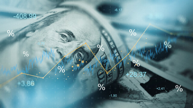 Chart shows money trends with data points and dollar bills in the background