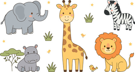 Cute kawaii safari animal collection featuring elephant, giraffe, zebra, lion, hippopotamus, and hand drawn wildlife vector illustration set. © Lipirani