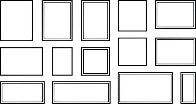 Set of various rectangular picture frames with double borders transparent background