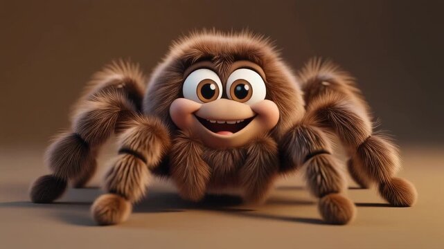 Fluffy cartoon spider with big eyes moving forward in soft lighting representing a friendly character for children's content