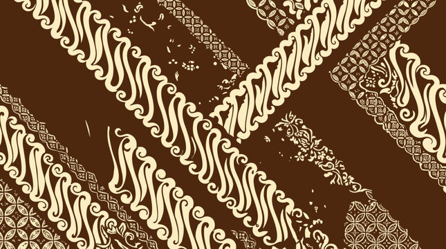 Traditional Indonesian batik pattern with brown and cream diagonal wave motifs.