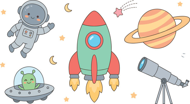 Cute kawaii space collection featuring astronaut, rocket, alien spaceship, Saturn, telescope, and hand drawn galaxy vector illustration set.