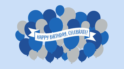 Festive birthday greeting card design featuring blue and grey balloons with a celebratory banner. © Ira Project