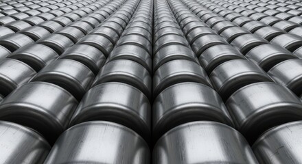 Obraz premium Rows of shiny metallic cylinders stretch into the distance in an industrial setting with a close-up view.