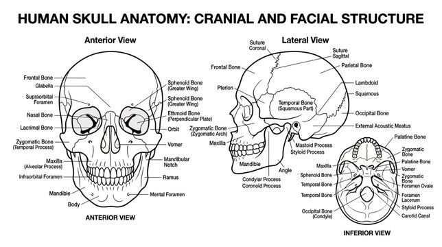 Human Skull Anatomy: Cranial and Facial Structure Diagram