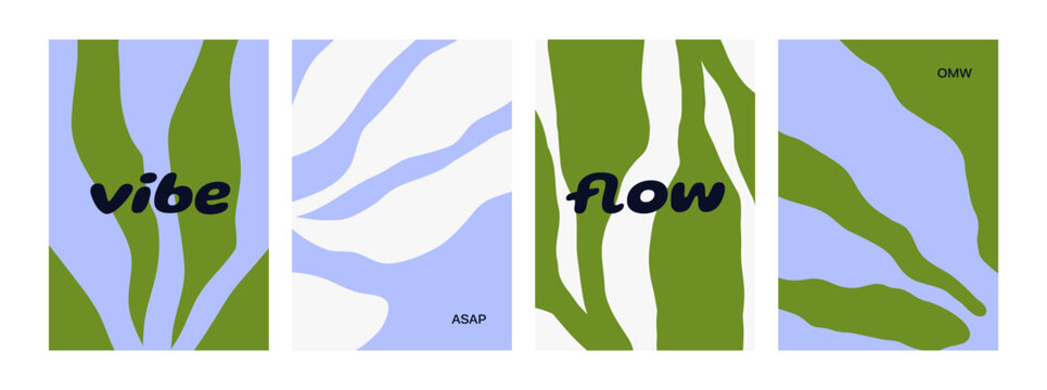 Organic abstract posters set. Natural flowing shapes, leaf and water, modern card designs. Algae, seaweed, sea grass, branches patterns, vertical backgrounds with typography. Flat vector illustration