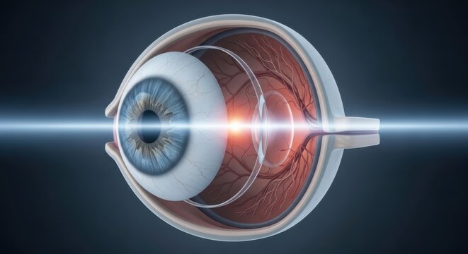 The human eye is being examined with a laser beam shining through it.