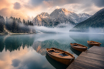 Obraz premium A serene mountain lake with mist rising, reflecting a dramatic sunset over rugged peaks and dense forests.