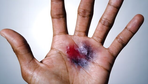 Palm impact bruise from fall injury. Open hand view with detailed skin texture in medical reference style on white background.