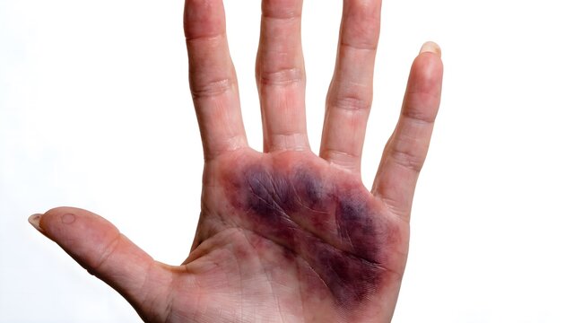 Palm impact bruise from fall injury. Open hand view with detailed skin texture in medical reference style on white background.
