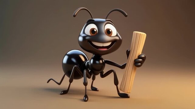 Joyful cartoon ant holding a wooden stick in a warm studio light with a soft bokeh background