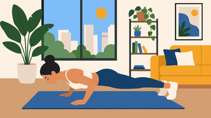 Fototapeta premium Fit woman performing push ups on blue yoga mat in bright sunny modern apartment living room with plants large window and city view healthy fitness lifestyle vector illustration