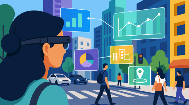 Woman wearing augmented reality glasses on busy city street with floating holographic charts, navigation pins and data overlays, futuristic smart urban technology and mobility vector illustration