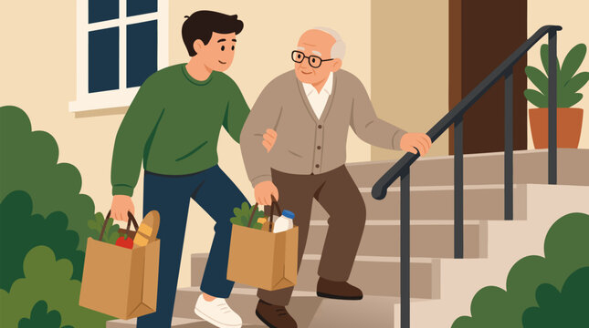 Kind young man helping an elderly neighbor climb outdoor stairs while carrying grocery bags, compassionate community support, intergenerational care, accessibility and kindness vector illustration