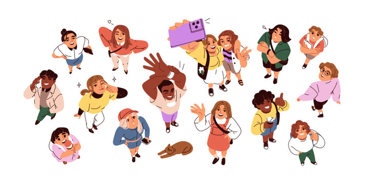 Happy people looking up, top down view poses. Smiling male and female, kid characters, raised heads for watching upward, faces from above. Flat vector illustrations isolated on white background