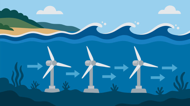 Submerged tidal energy turbines beneath rolling coastal waves with current arrows, seabed plants and shoreline hills in clean blue flat vector style for ocean power and sustainability concepts