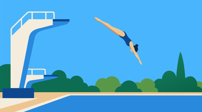 Graceful female diver arcing mid-air from high diving platform toward sparkling blue pool below with modern minimalist style bright sky green foliage and clean summer sports atmosphere perfect for