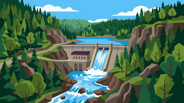 Small hydroelectric dam vector illustration releasing bright blue water through a lush forested mountain gorge, showing renewable power, reservoir, cliffs and evergreen wilderness landscape