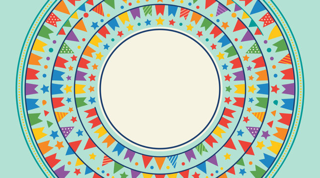 Colorful circular party border with tiny bunting flags, stars, dots and confetti framing blank cream center, festive carnival invitation template in cheerful flat vector graphic style