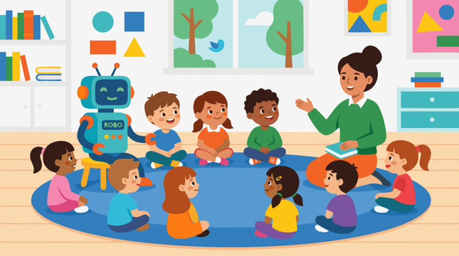 Friendly teacher and smiling classroom robot co-teaching curious children in a bright preschool circle, playful AI education, STEM learning, collaboration, inclusion and future skills