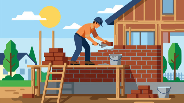 Professional bricklayer building an exterior house wall on scaffolding, sunny residential construction site with bricks, mortar, tools and modern home framing in clean flat vector style