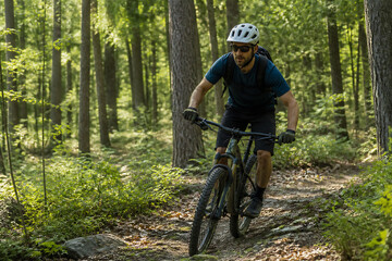 Fototapeta premium A man wearing a helmet and cycling gear rides a mountain bike on a dirt trail through a dense forest.