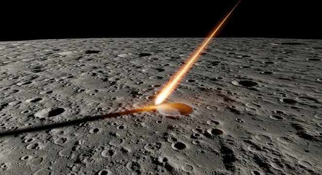 A spacecraft crashes onto the lunar surface sending debris flying into space at night.