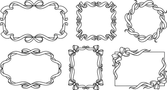 Collection of hand drawn ribbon frames with bows, decorative borders for wedding stationery transparent background
