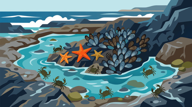 Detailed coastal vector tide pool scene with orange starfish, clustered blue mussels, tiny darting crabs, turquoise shallows and rugged rocks, capturing marine wildlife in a vibrant intertidal habitat