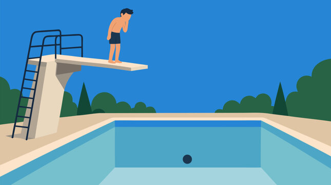 Nervous young swimmer stands on a high diving board above an empty pool, a vivid flat vector metaphor for fear, risk, hesitation, courage, decision making and facing daunting challenges