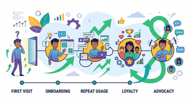 Clean lifecycle infographic from first visit to advocacy with metrics and touchpoints.