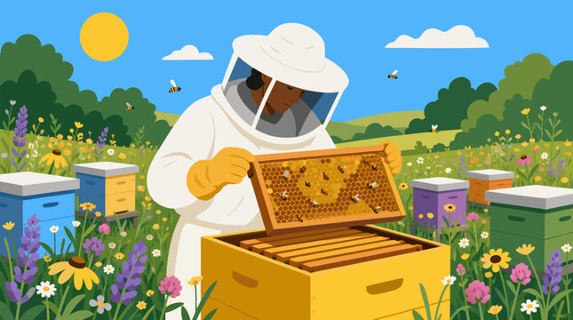 Sunny wildflower apiary with beekeeper inspecting golden honeycomb frame, buzzing bees, colorful hives and rolling meadow landscape in clean flat vector illustration for sustainable agriculture