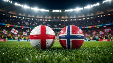 Obraz premium England and Norway soccer balls on stadium grass with fans in background.