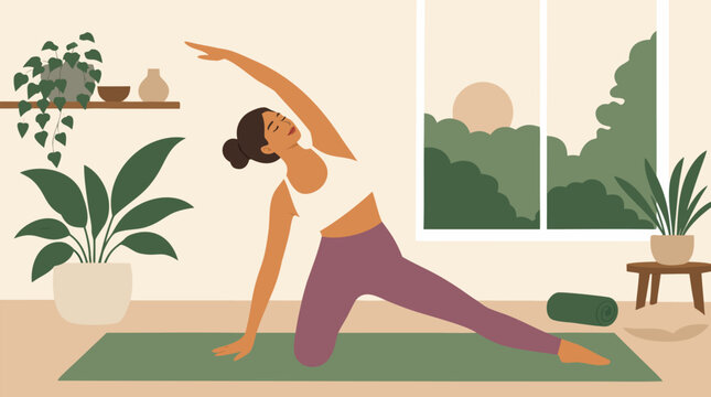 Peaceful woman practicing morning yoga side stretch on mat in bright plant filled room, sunrise window, calm home wellness routine and mindful movement vector illustration for fitness and self care
