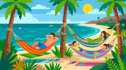 Naklejka premium Happy family relaxing in bright hammocks between palm trees on tropical beach, turquoise sea, golden sunshine, kids and parents enjoying summer vacation paradise resort leisure vector illustration