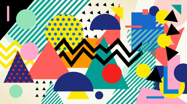 Bold geometric Memphis abstract composition with zigzags, circles, triangles, dots and striped shapes in vivid retro colors for playful posters, backgrounds, textile prints and modern vector graphic