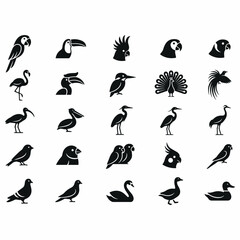 A collection of black silhouette icons depicting various bird species in a grid layout, showcasing different avian forms and diverse wildlife. © CAKA