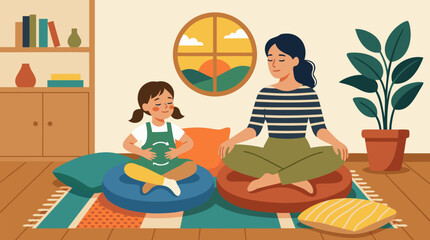Naklejka premium Mother and Daughter Practicing Deep Breathing Meditation Together on Floor Cushions, Mindfulness Wellness Activity, Cozy Home Interior with Plants and Books, Mental Health, Calm Family Bonding Concept