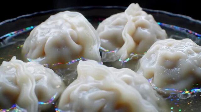 Close-up view of pleated translucent dumplings submerged in a clear broth with iridescent rainbow light reflections on the liquid surface and a dark background in a macro food shot.