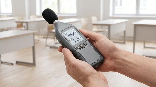 Noise level measurement in classroom for school infrastructure, education, renovation, classroom upgrade, school maintenance, back to school facilities, facility management, cleaning, safety, accessib