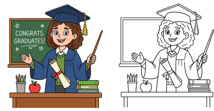 Cartoon graduate student holding a diploma and pointer stick