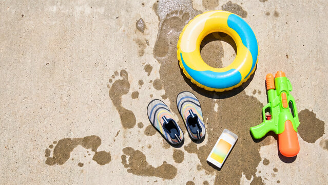 Kids Splash Pad Water Day Flat Lay Wet Concrete Overhead
