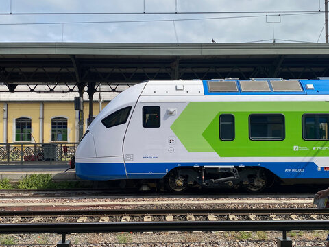 Stadler train at Cremona railway station platforms, modern transportation connecting Lombardy, Italy