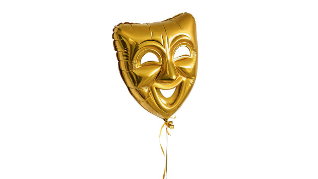 Vibrant golden theatrical comedy mask party ornament isolated on a transparent background