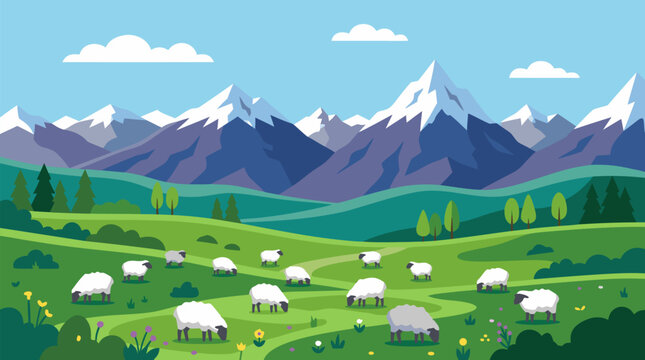Alpine meadow vector illustration with grazing sheep scattered across lush green hills, wildflowers, rolling pastures, pine woods, and snowy mountain peaks beneath clear blue sky panorama