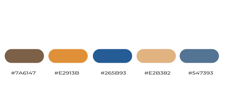 Harmonious color palette ideal for warm, inviting designs. deep blue, warm orange, muted brown, soft peach, cool gray-blue.  275.